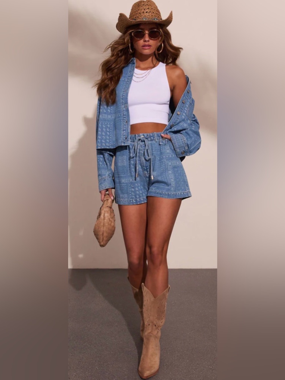 Vici Light Blue Bandana-Print Denim Drawstring Shorts